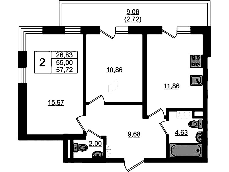 2-комнатная квартира 57.72 м², 4/4 эт., ЖК «Новая история»